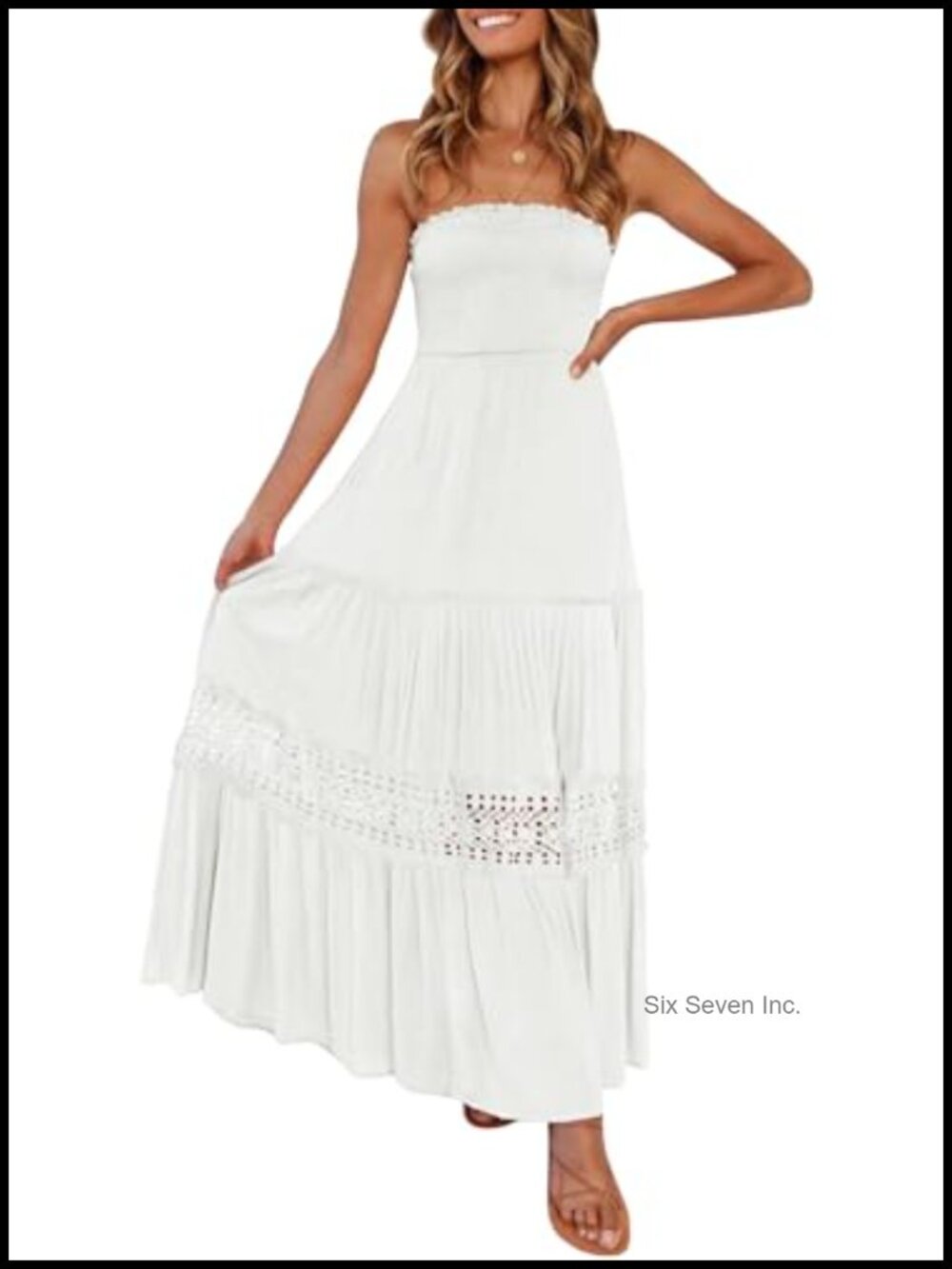 Strapless Ruched Backless Boho Maxi Dress with Elastic Waist